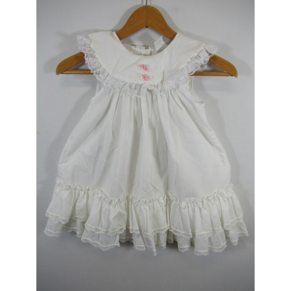 Vtg 80s 90s Bryan Frilly Dress Girls 5 White Polka Dot Ruffle Lace Sleeveless